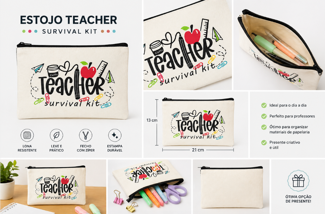 Estojo Teacher Kit artesanal survival estampa ziper