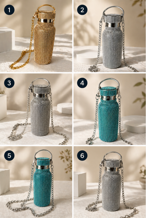 Garrafinha térmica com Strass Brilho Azul , Dourado, Prata com alça 600ml artesanato