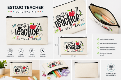 Estojo Teacher Kit artesanal survival estampa ziper