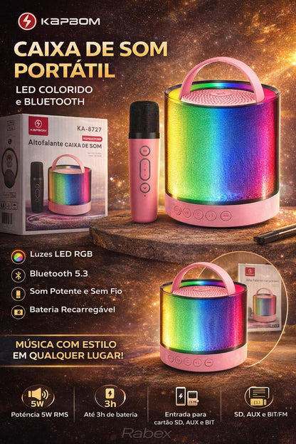 Caixa de Som Bluetooth Portátil com Microfone Karaokê LED RGB KA8727