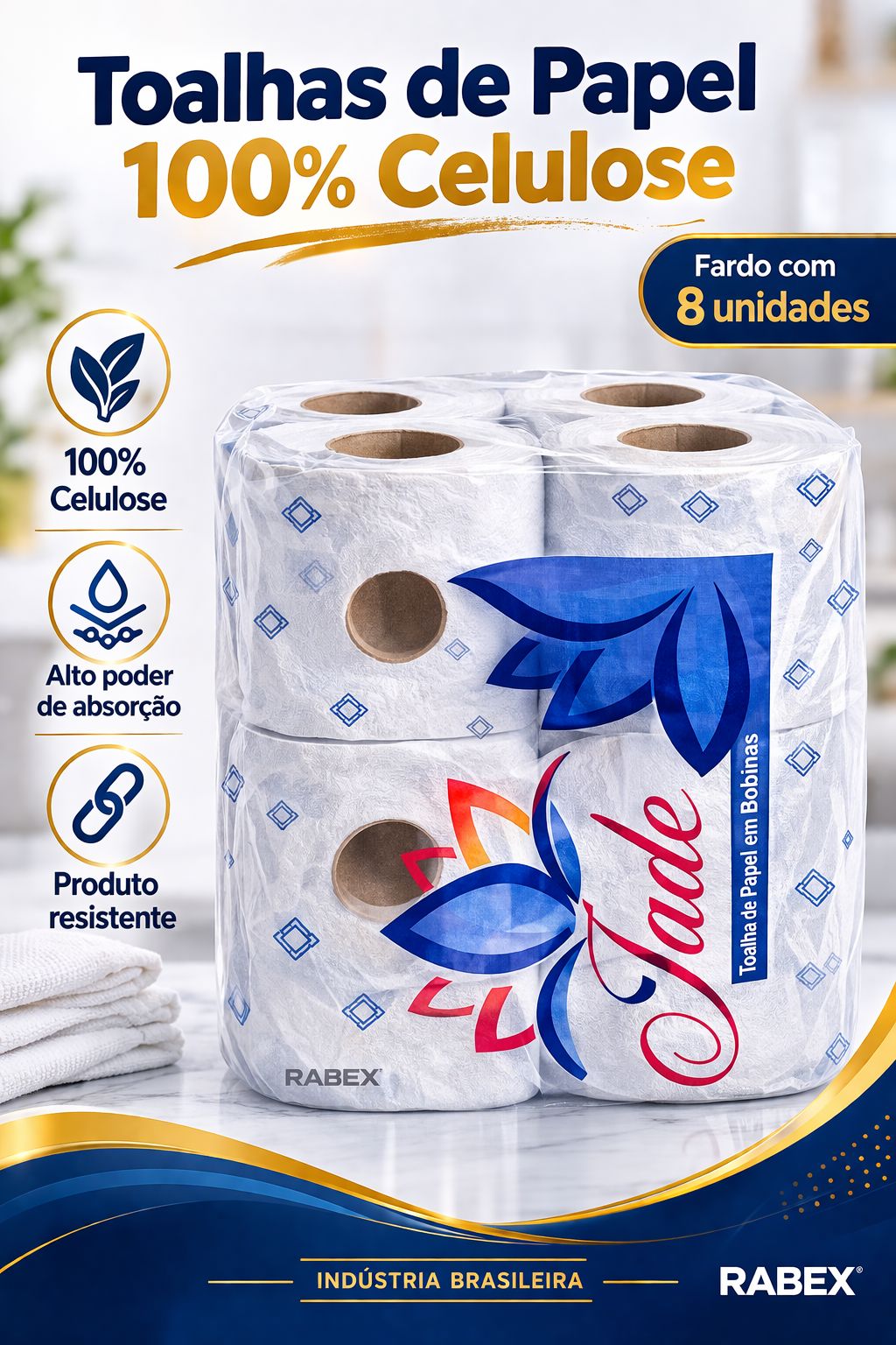 Papel Toalha Bobina  Alto corte Celulose 3kg Jade FD 8 rolos