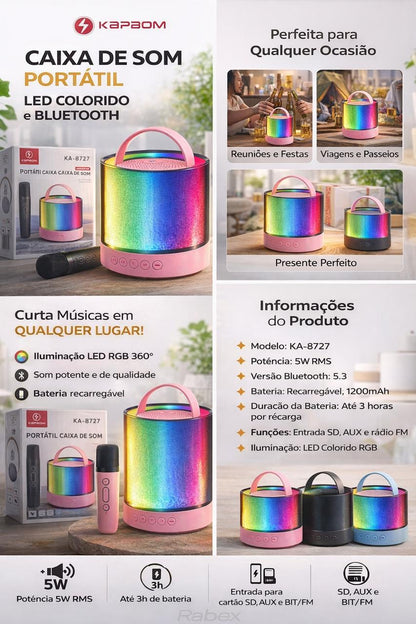 Caixa de Som Bluetooth Portátil com Microfone Karaokê LED RGB KA8727