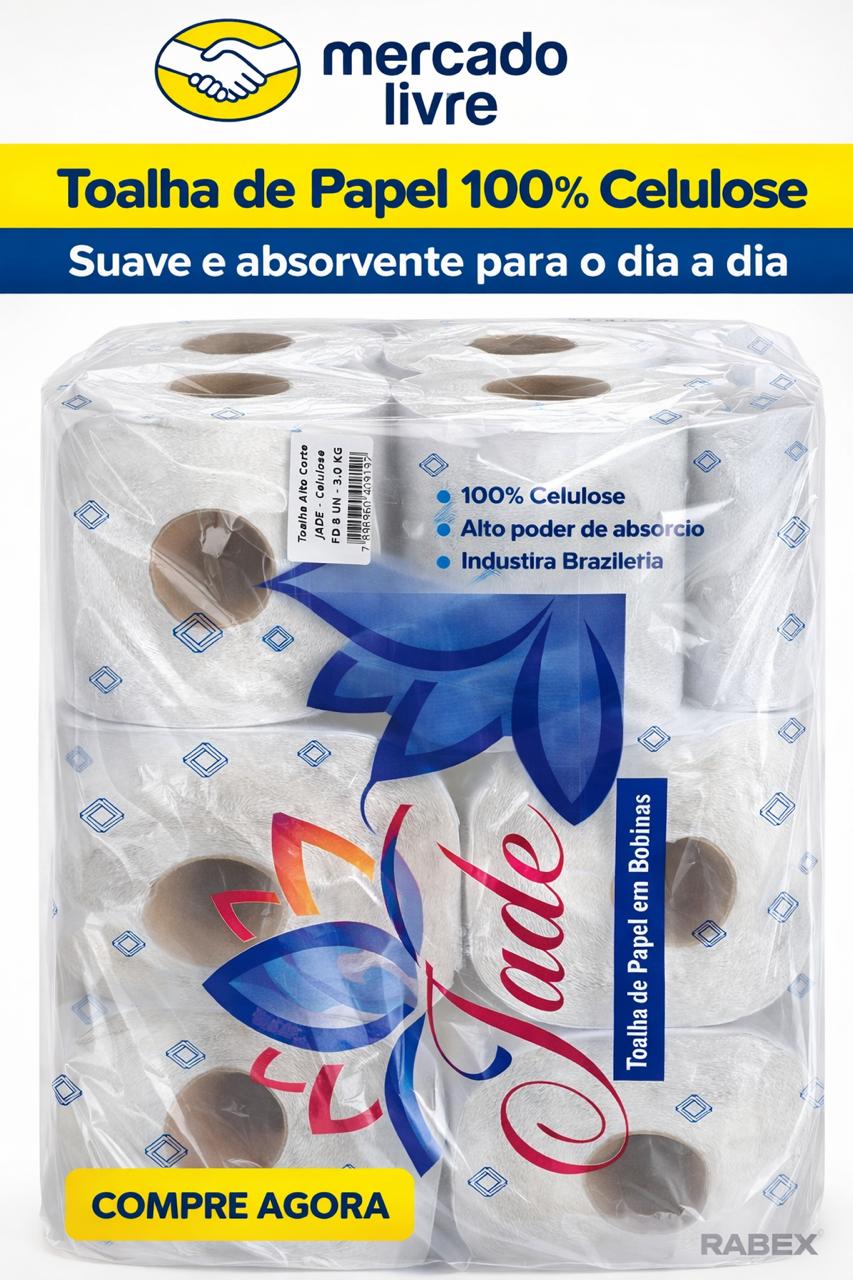 Papel Toalha Bobina  Alto corte Celulose 3kg Jade FD 8 rolos