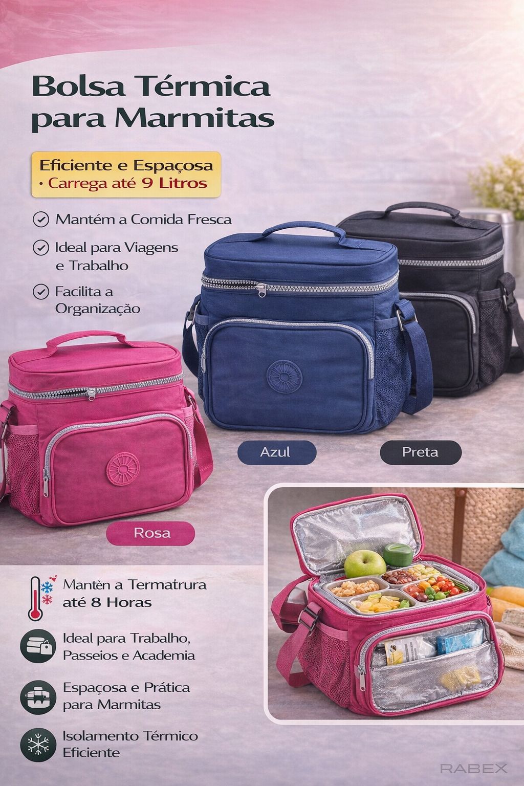 Bolsa  Lancheira Térmica 9 litros Marmitas Com Isolamento