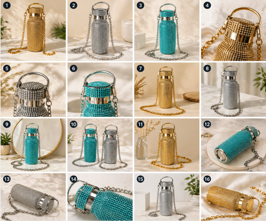 Garrafinha térmica com Strass Brilho Azul , Dourado, Prata com alça 600ml artesanato