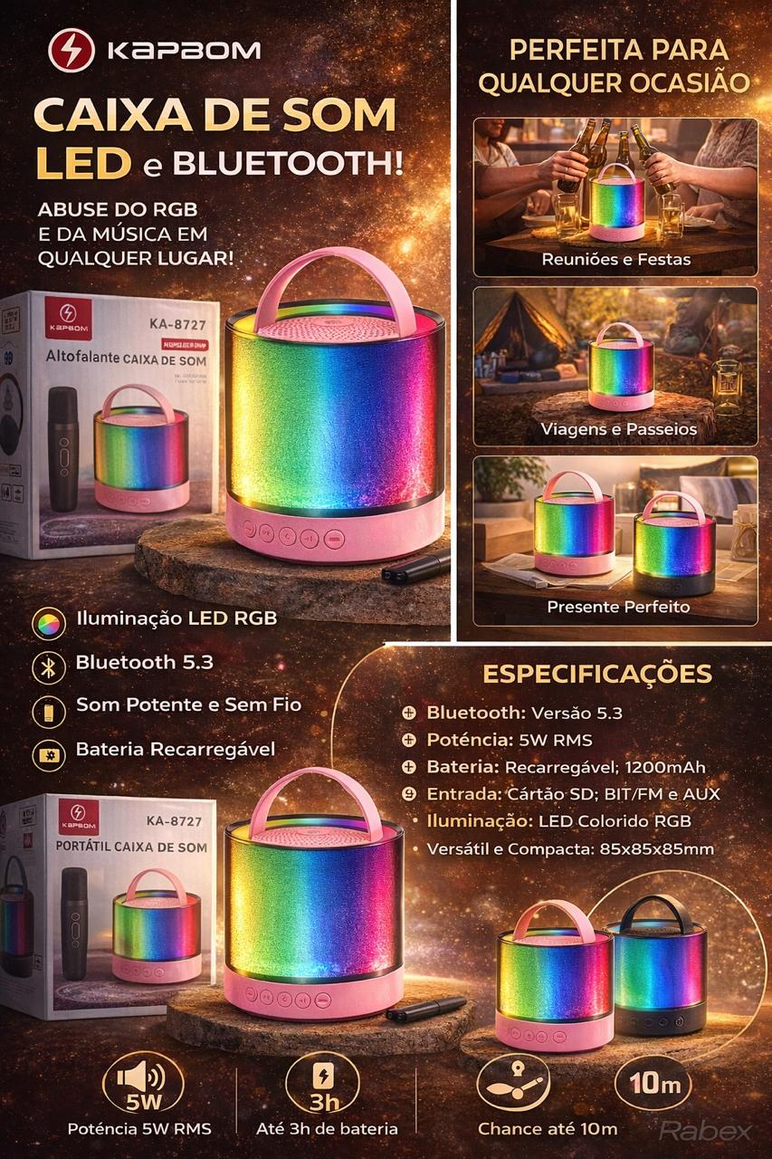 Caixa de Som Bluetooth Portátil com Microfone Karaokê LED RGB KA8727