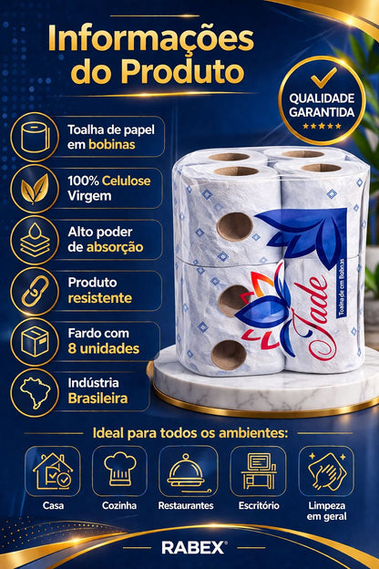 Papel Toalha Bobina  Alto corte Celulose 3kg Jade FD 8 rolos